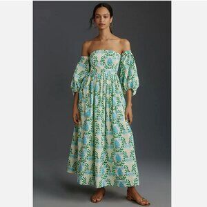 Anthropologie Blue and Green Floral Off-Shoulder Midi Dress
